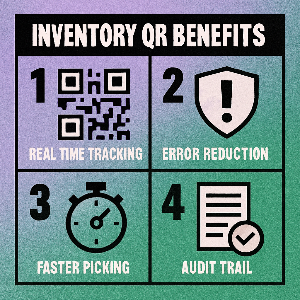 Infographic showing four benefits: real-time tracking, error reduction, faster picking, and audit trails