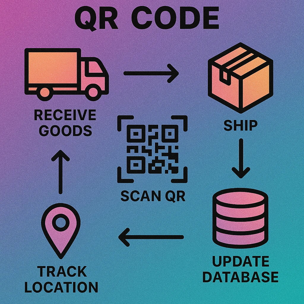 Diagram showing QR code scan flow: receive, putaway, pick, dispatch with database at centre
