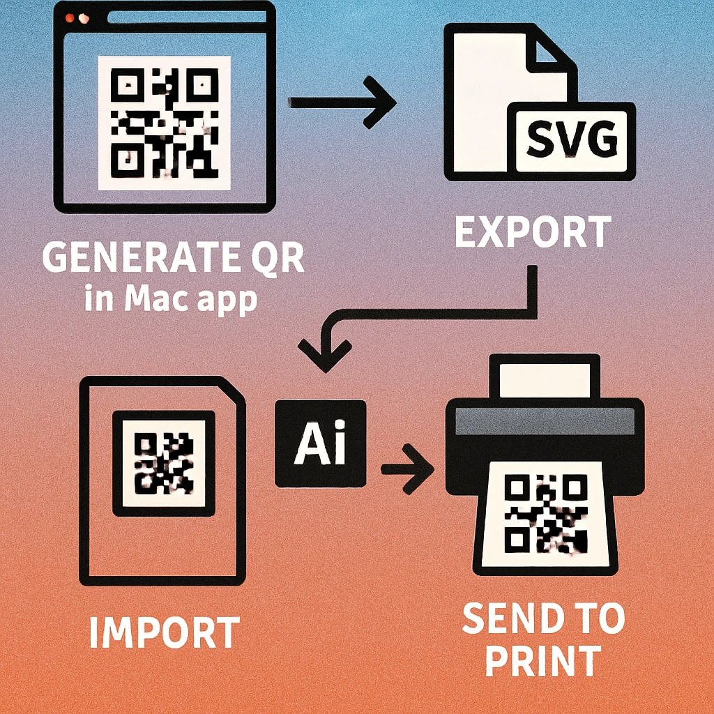 Diagram showing Gen QR Code Mac app export panel with SVG, PNG, and PDF options highlighted
