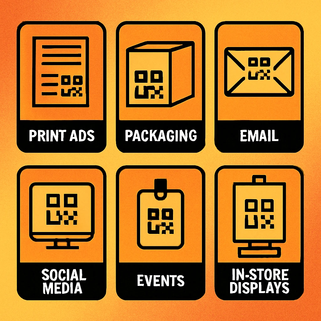 Five QR code marketing channels: print, packaging, digital, events, and in-store