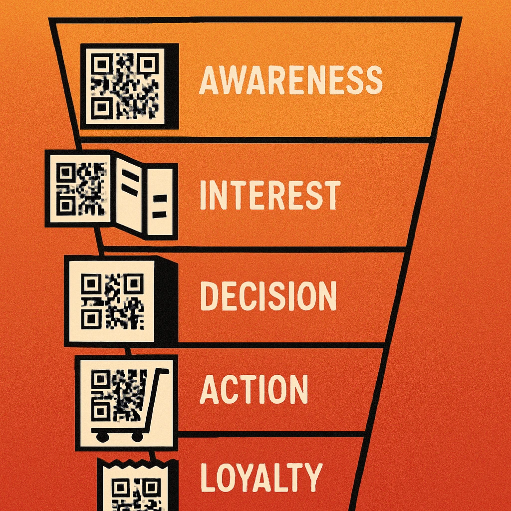 Marketing funnel diagram showing QR code applications at awareness, interest, decision, action, and loyalty stages