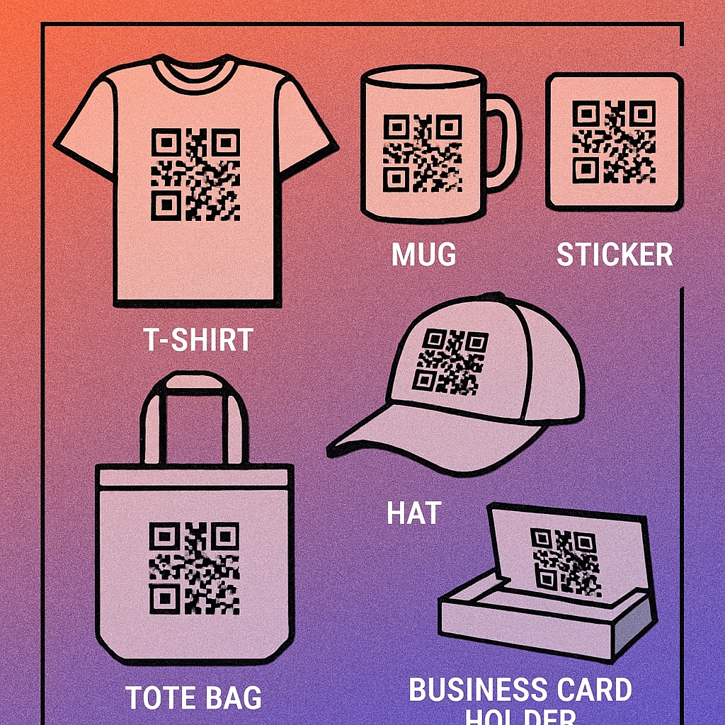 Side-by-side comparison of QR codes on different merchandise products showing print quality and placement