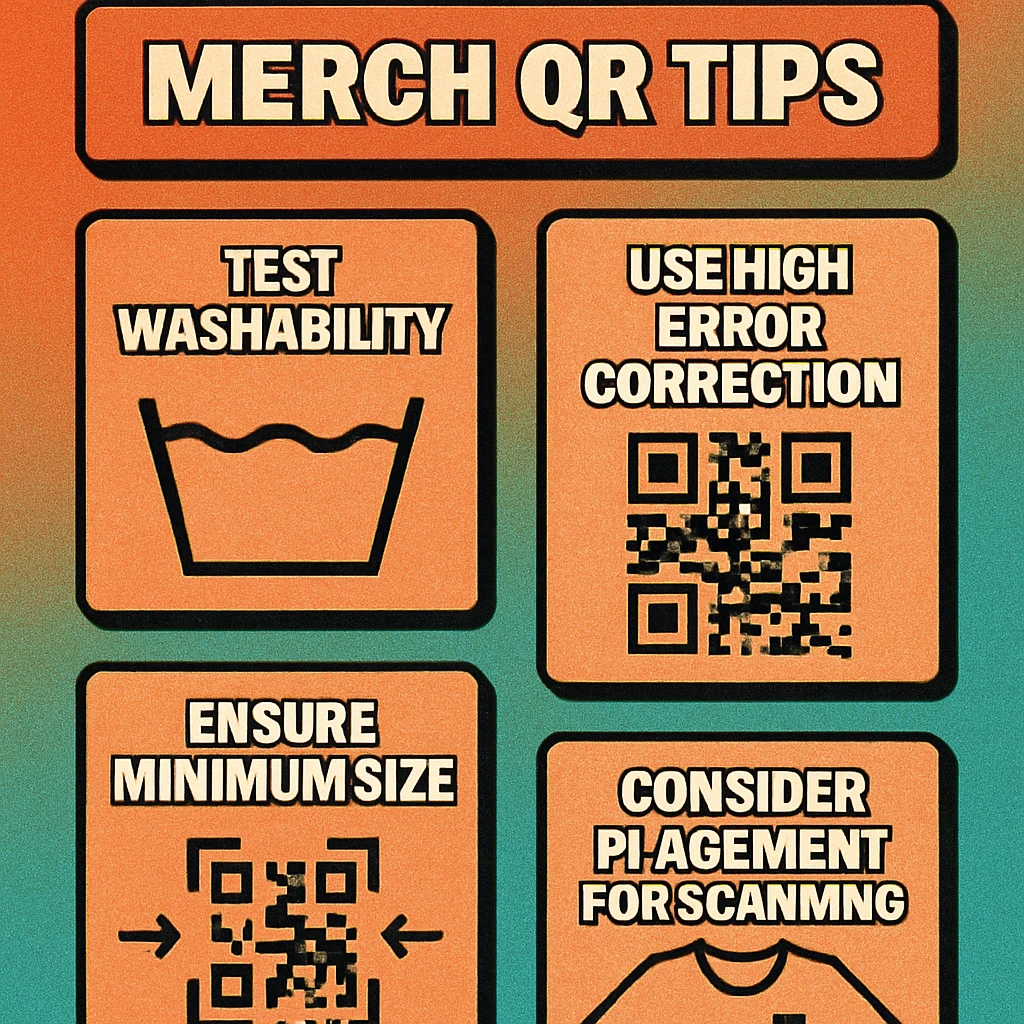 Design checklist and tips for QR codes on merchandise products, showing placement and contrast examples