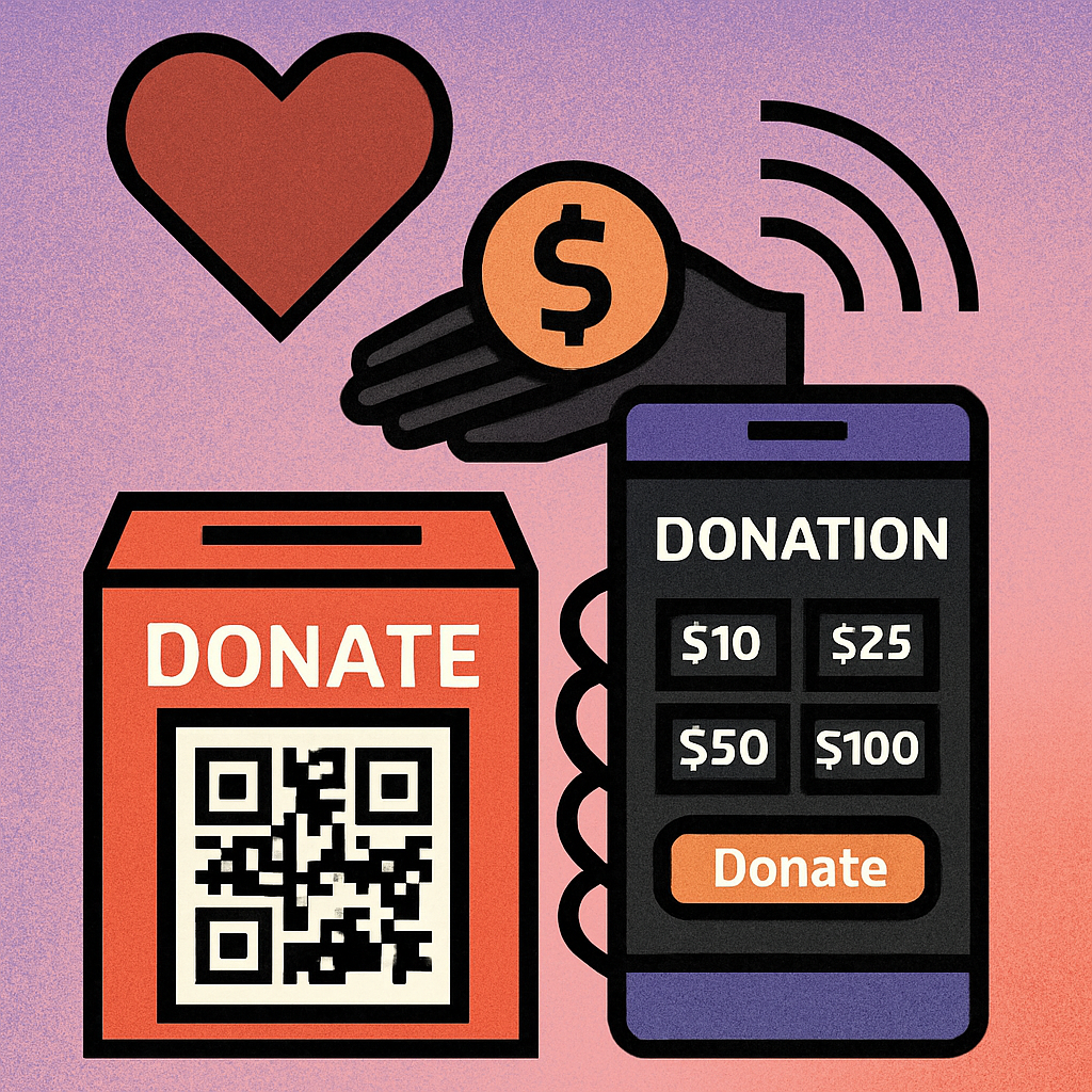 Nonprofit fundraising table with QR code donation sign, volunteer signup poster, and event programme featuring a scannable code