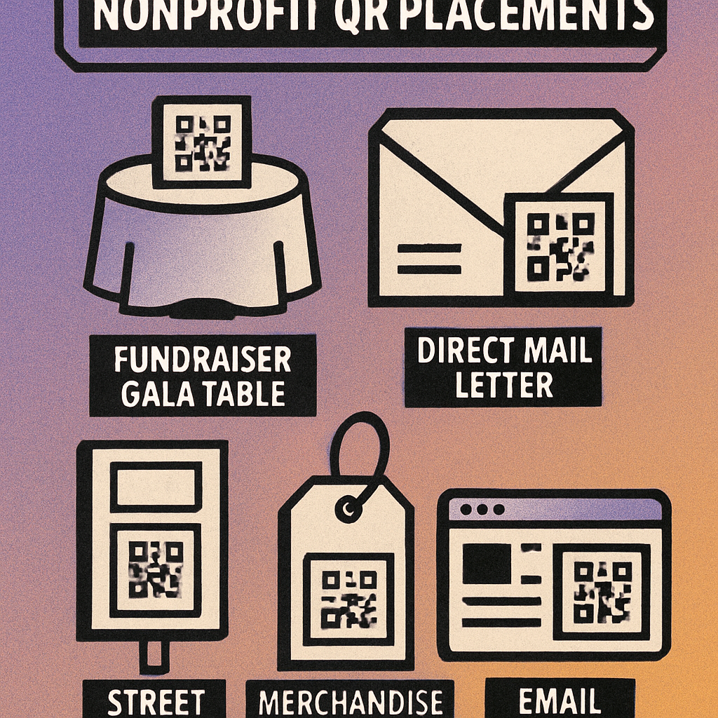 Examples of effective nonprofit QR code placements: event table card, A-frame sign, window cling, and direct mail insert