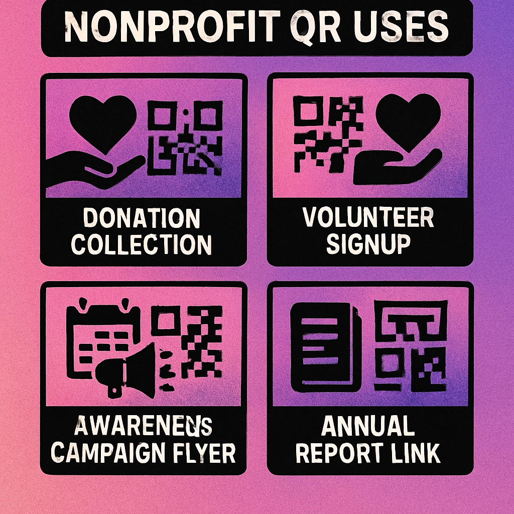 Infographic showing five nonprofit QR code use cases: donations, volunteer sign-up, event registration, awareness campaigns, and annual reports