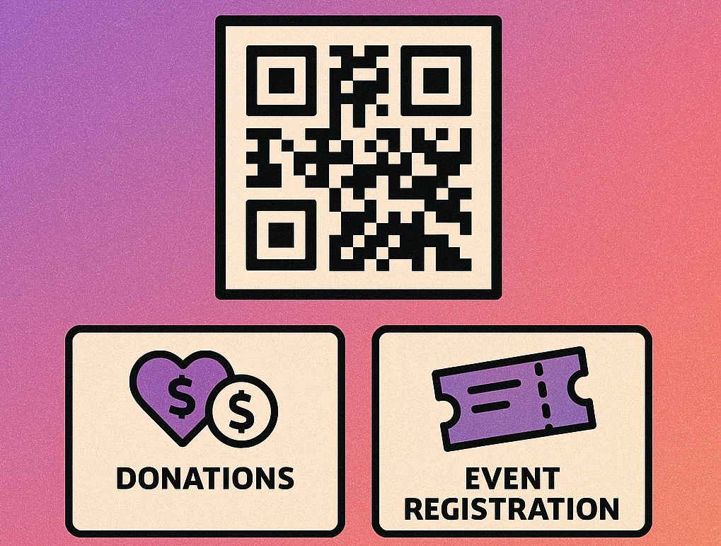 Infographic showing five nonprofit QR code use cases: donations, volunteer sign-up, event registration, awareness campaigns, and annual reports