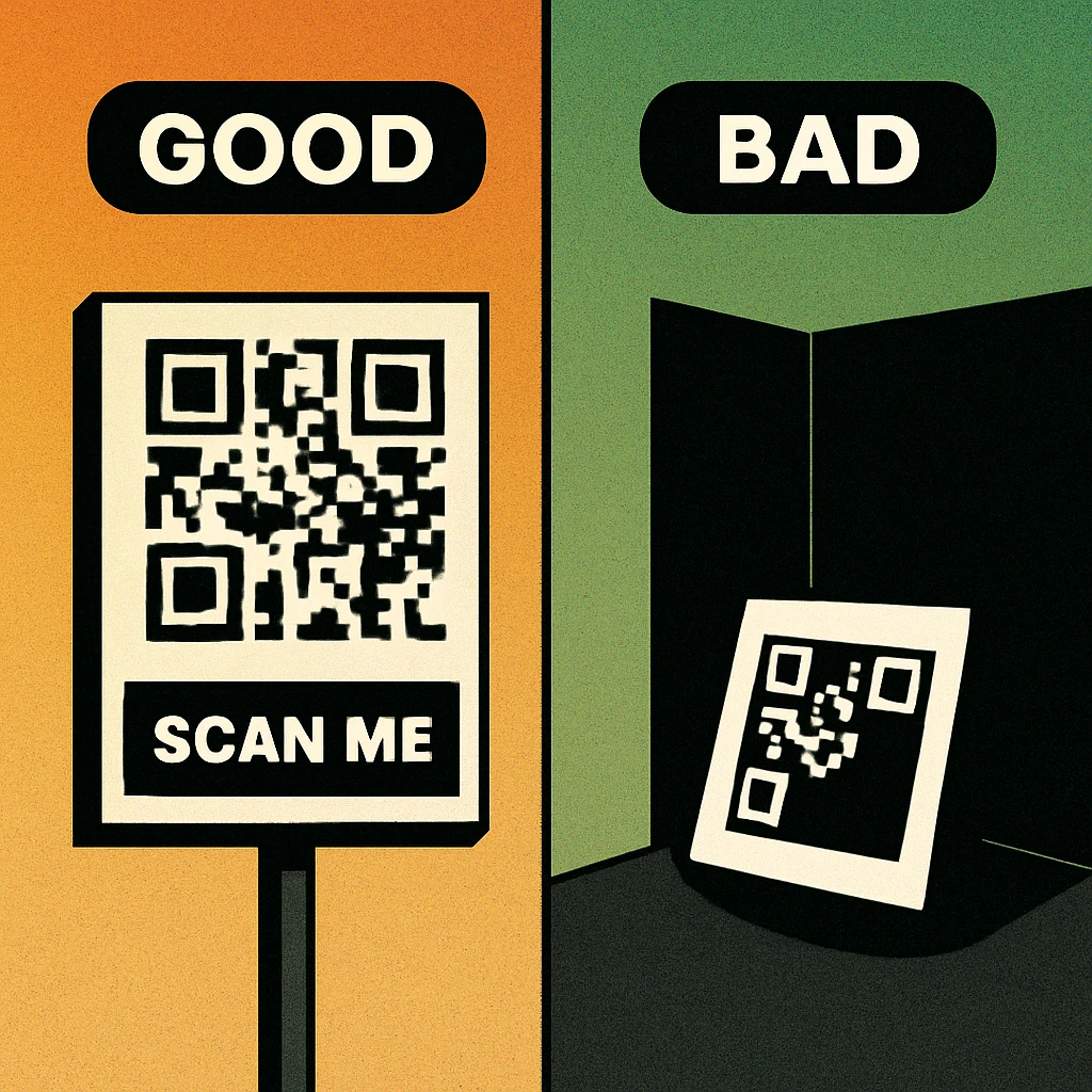 Side-by-side comparison of correct and incorrect QR code placement examples