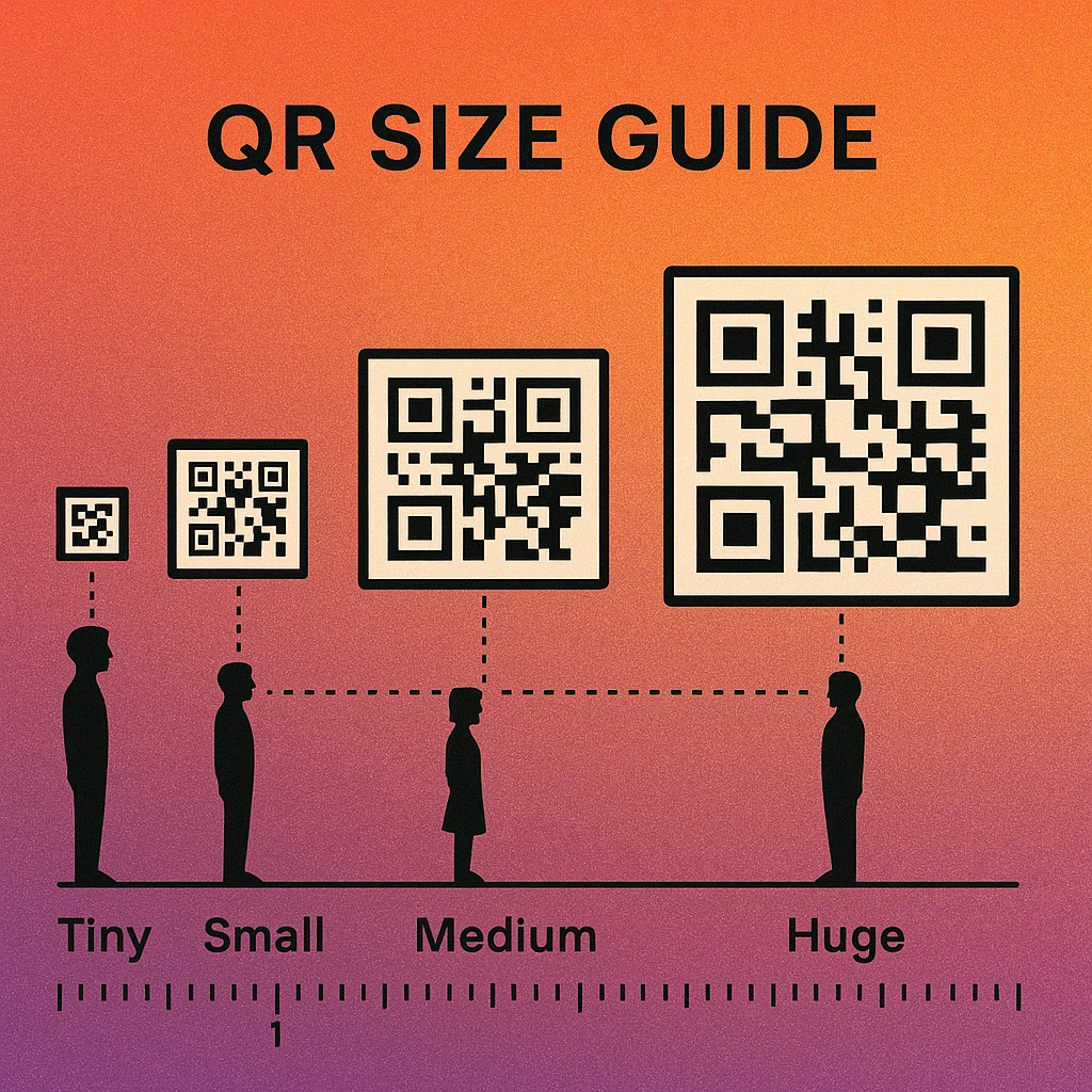 Chart showing QR code minimum sizes from 2.5cm at arm's length to 2m for billboard distance