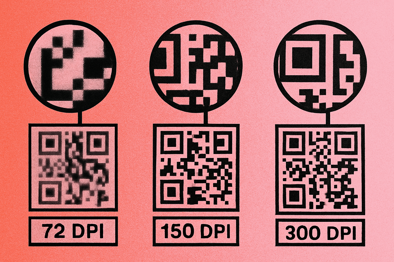 Three QR code close-ups at 72, 150, and 300 DPI showing progressive improvement in module edge sharpness for print