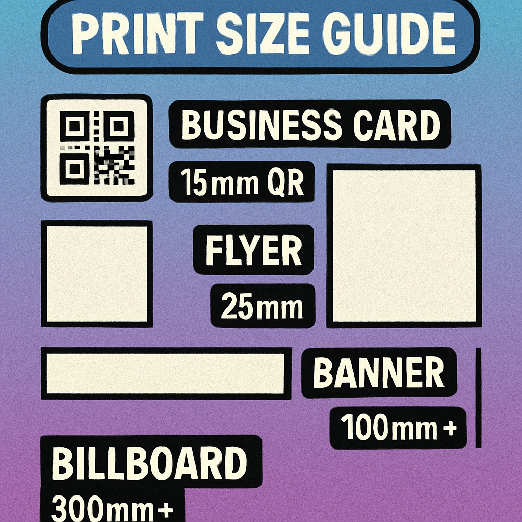 QR code size guide chart showing minimum and recommended sizes for business cards, flyers, posters, and billboards