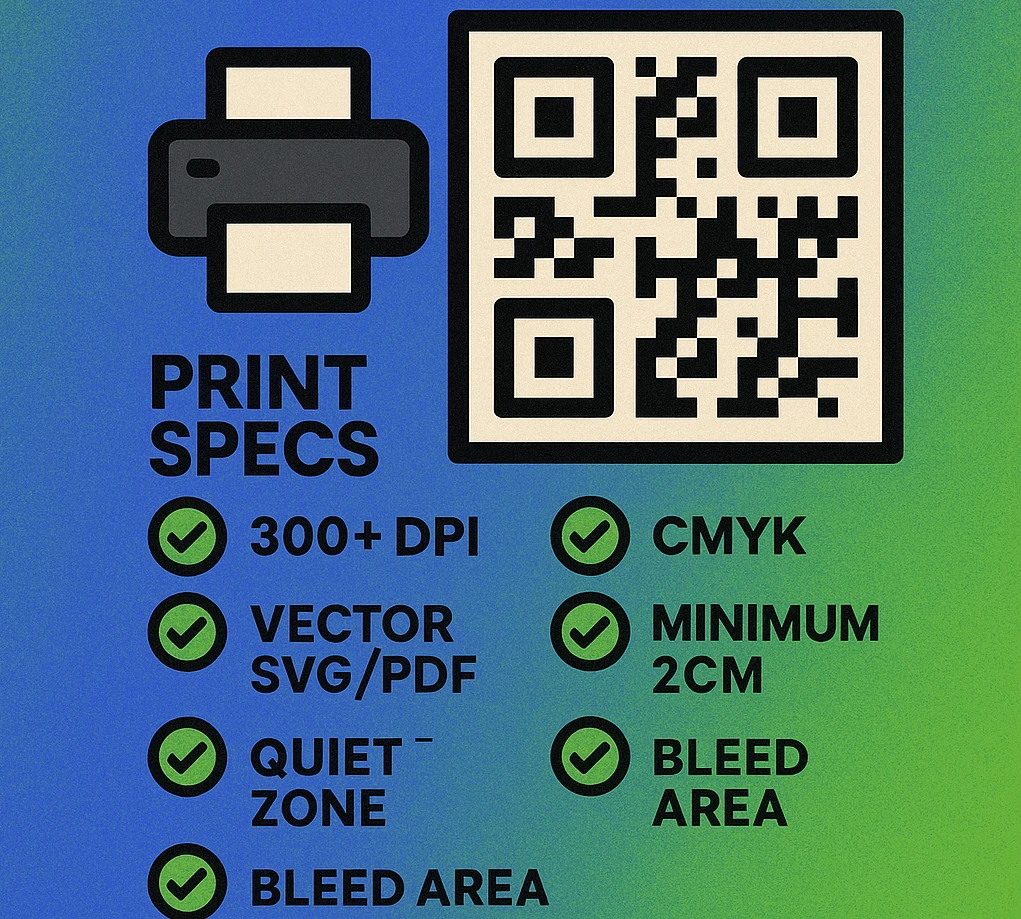 QR code resolution spec panel showing 300 DPI, 600 DPI, and SVG vector comparison