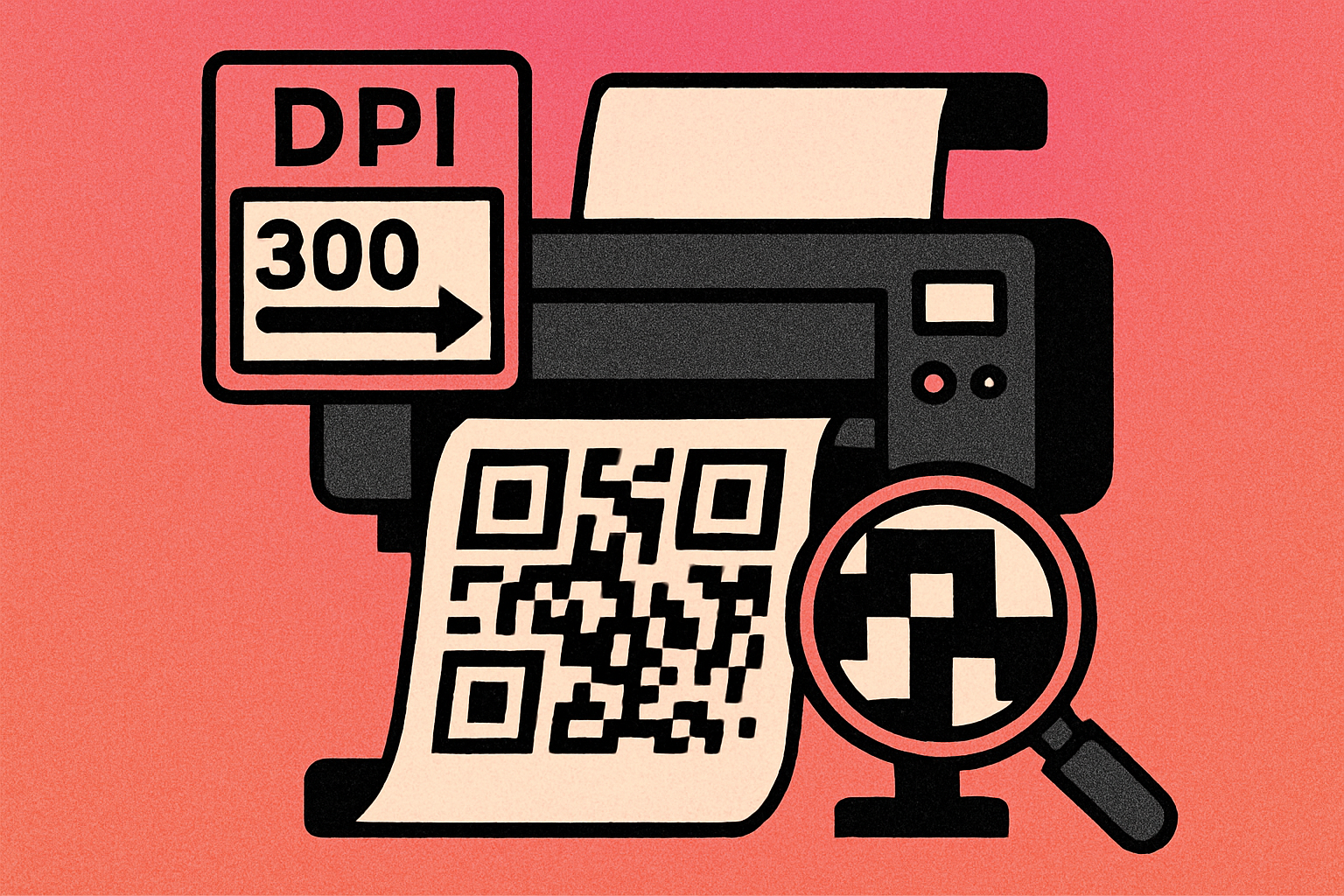 Side-by-side comparison of a low-resolution QR code versus a 300 DPI print-ready QR code showing sharp module edges