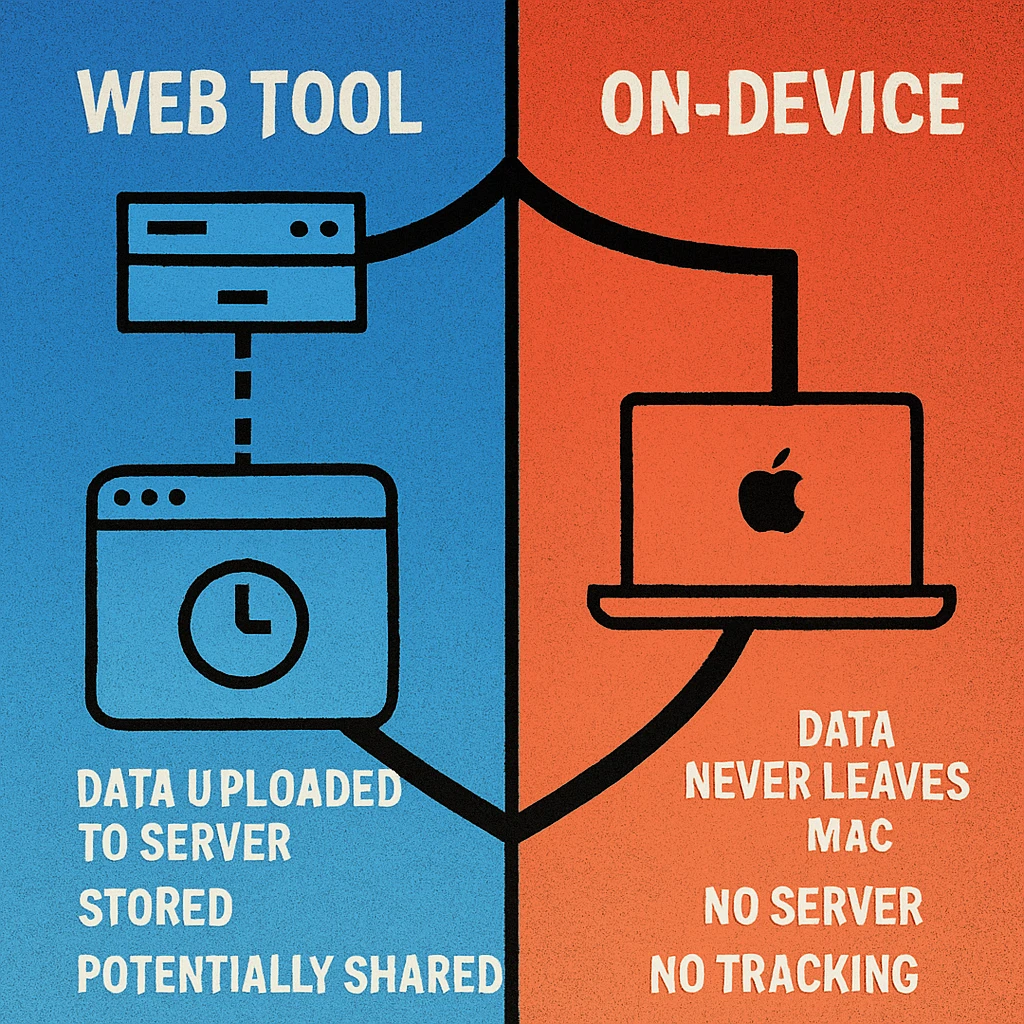 Side-by-side interface screenshots comparing a web QR generator and the Gen QR Code Maker Mac app