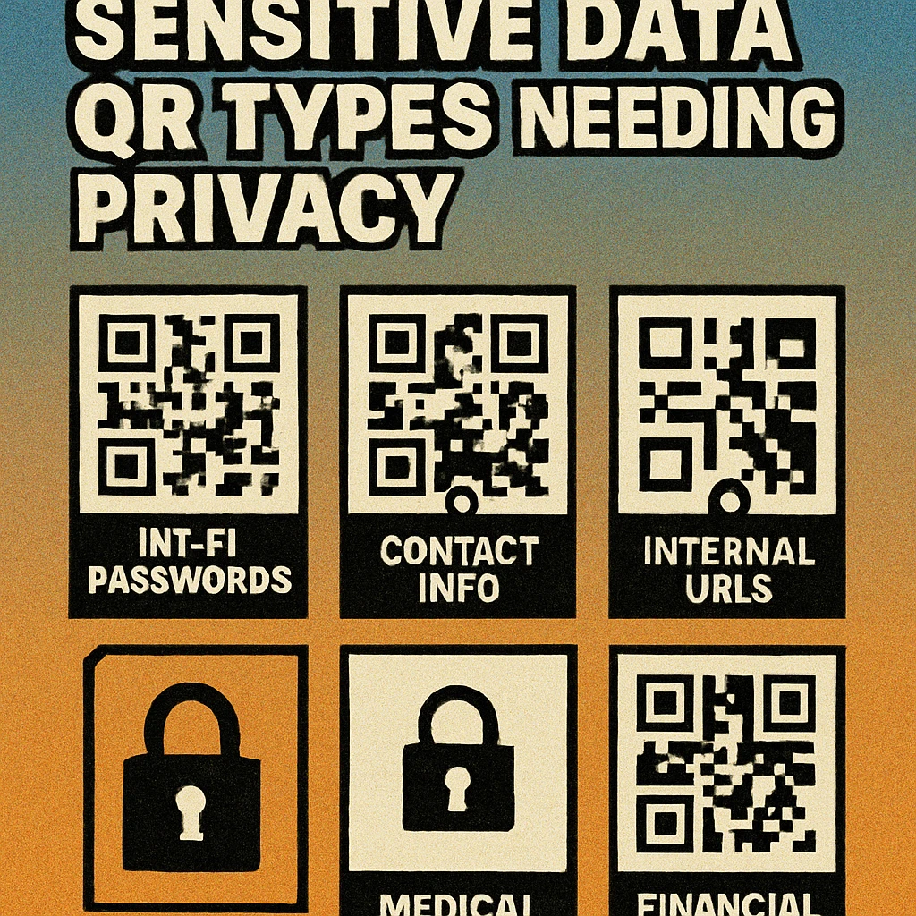 Four category icons representing sensitive QR data types: WiFi credentials, contact cards, medical info, and financial details