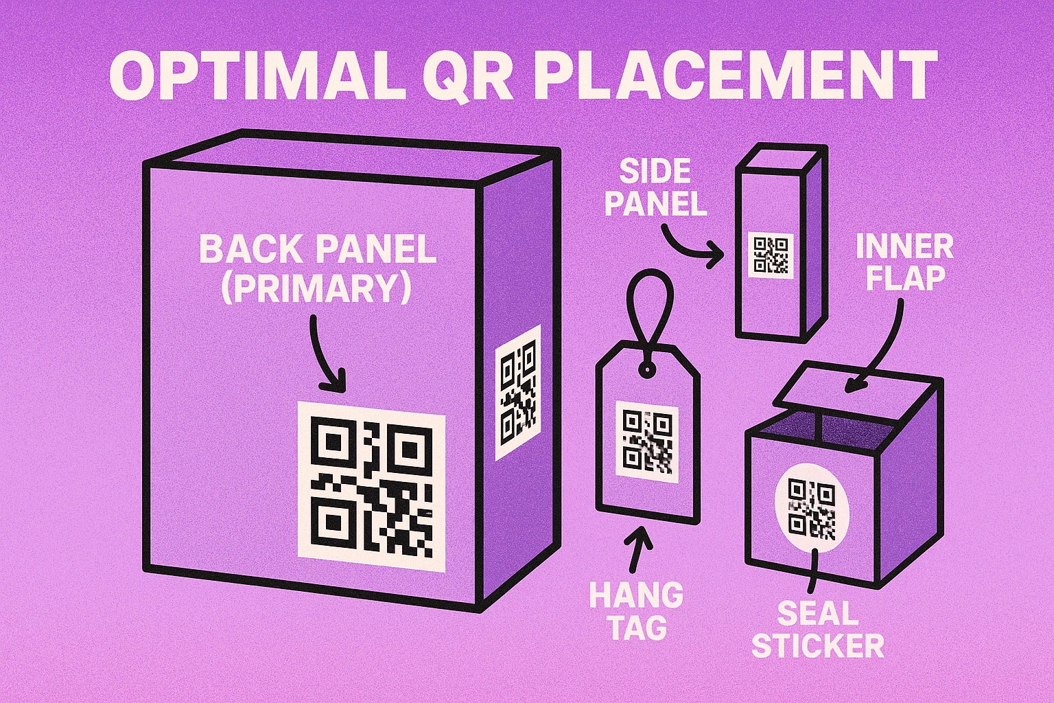 Diagram showing recommended QR code placement zones on product boxes, labels, and cylindrical containers