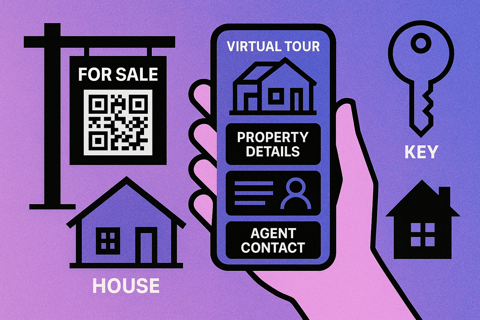 For-sale yard sign with QR code in front of a house, phone scanning to show property listing and virtual tour