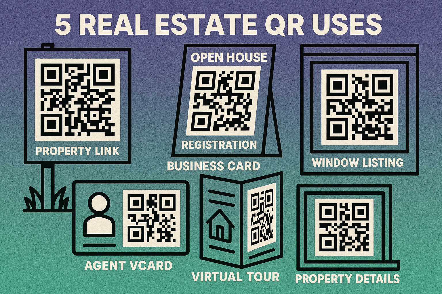 Five real estate QR code placement types: yard sign, open house flyer, business card, brochure, and window listing