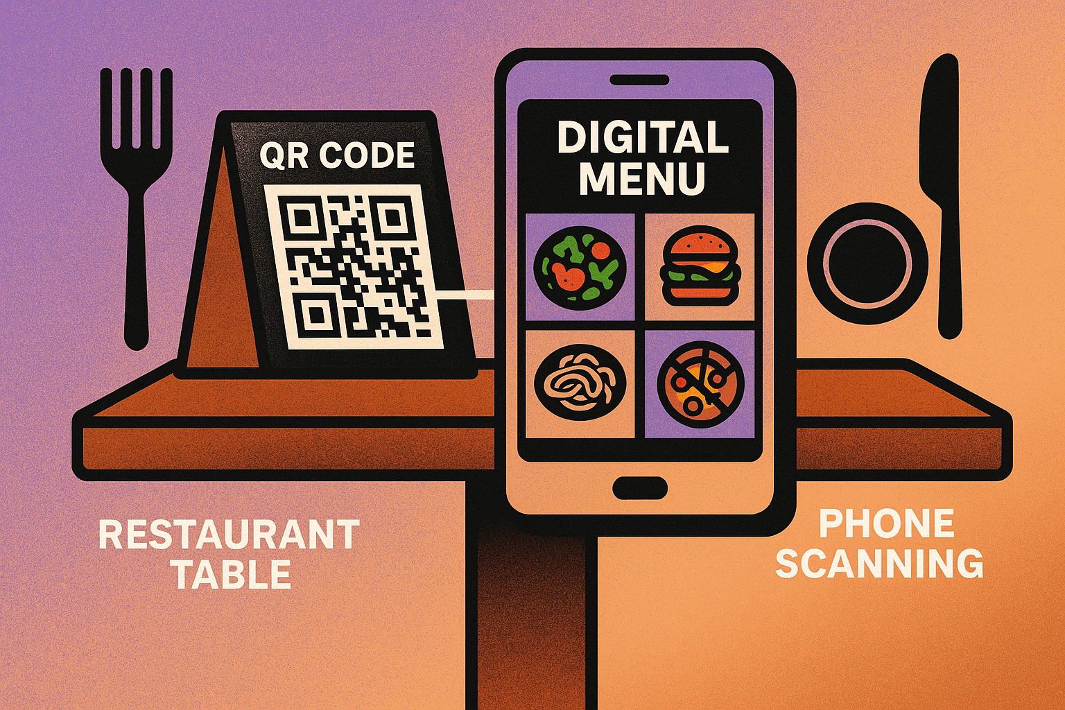 Restaurant table with a QR code tent card that customers scan to view the digital menu on their phones