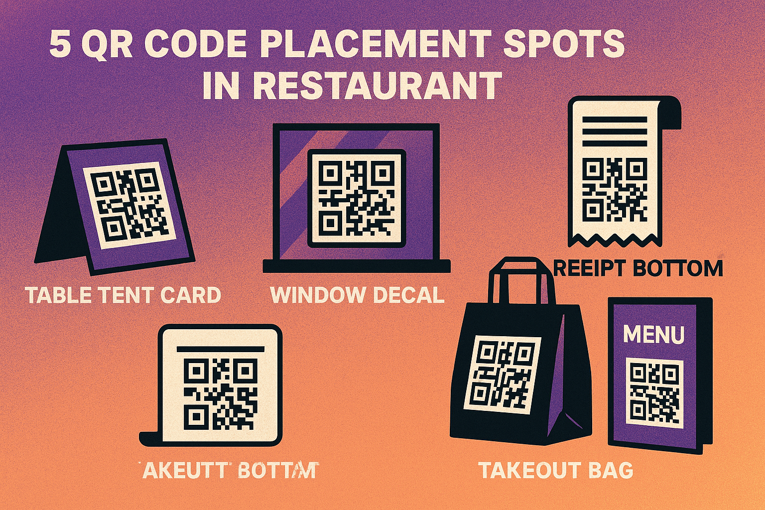 Diagram showing optimal QR code placement locations in a restaurant: table tent, window, receipt, takeout bag, and menu cover