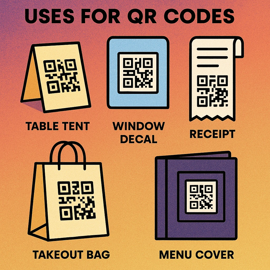Diagram showing optimal QR code placement locations in a restaurant: table tent, window, receipt, takeout bag, and menu cover