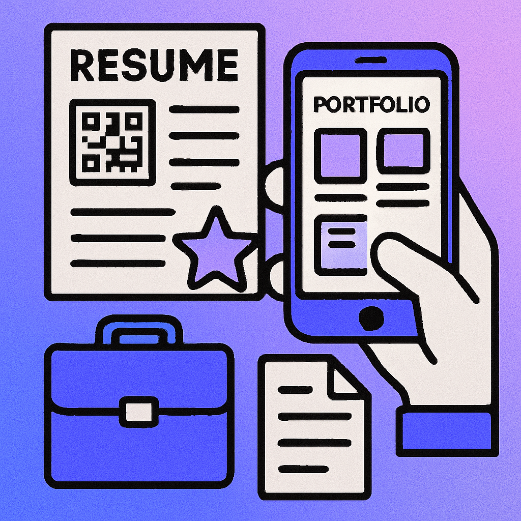 A modern resume layout with a QR code in the header contact section linking to a portfolio website