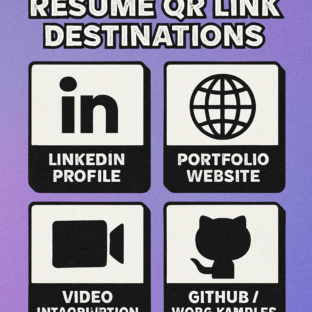 Four destination options for a resume QR code: portfolio website, LinkedIn profile, GitHub, and video introduction