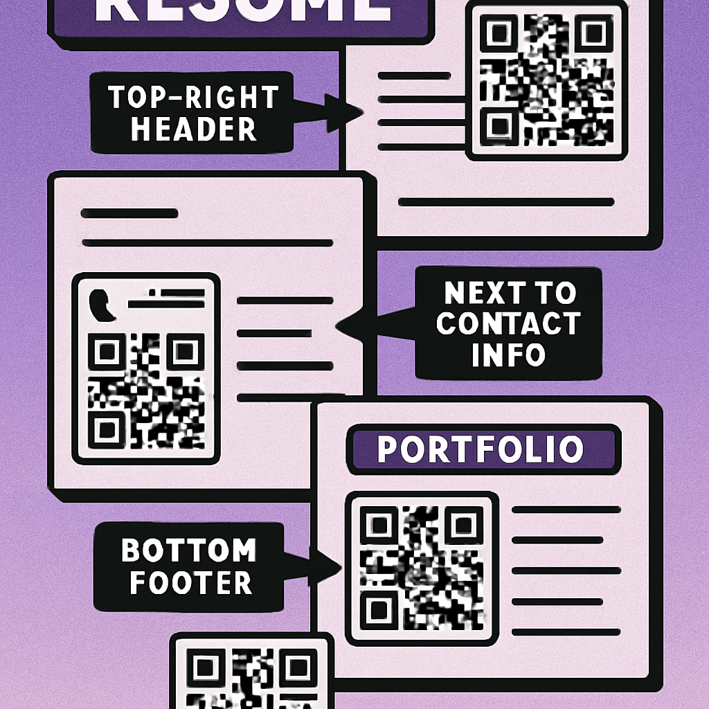 Three resume layout diagrams showing QR code placement: header contact block, right sidebar, and footer