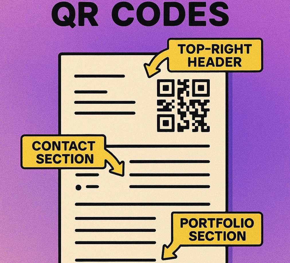 Three resume layout diagrams showing QR code placement: header contact block, right sidebar, and footer