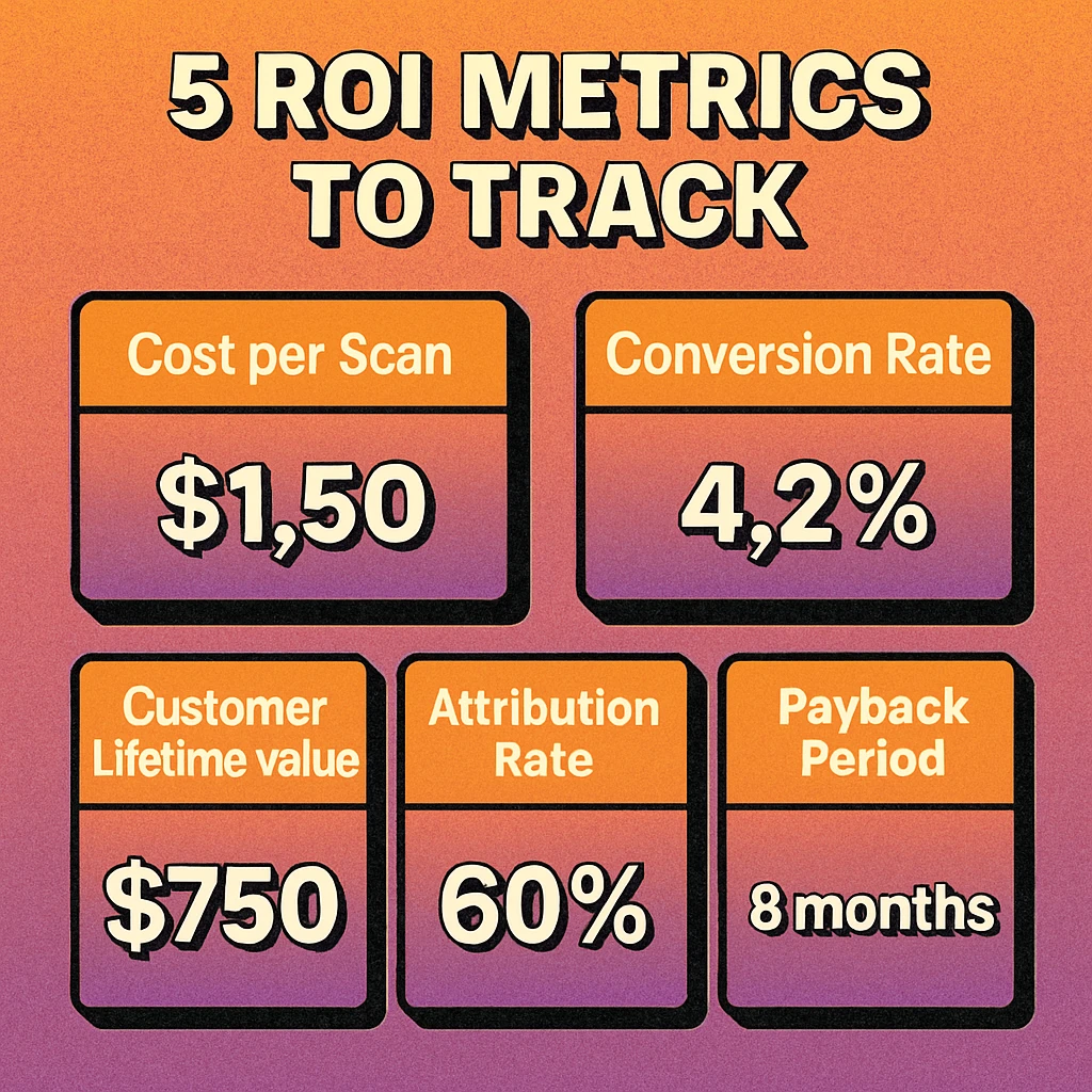 Key QR code metrics dashboard showing cost per scan, conversion rate, CLV, and payback period