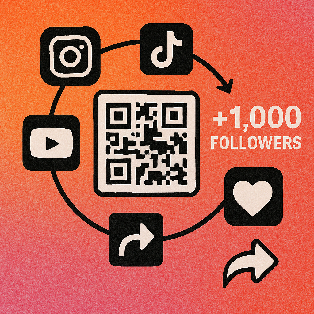 A branded QR code on product packaging linking to a social media profile, shown next to a phone with a follower notification