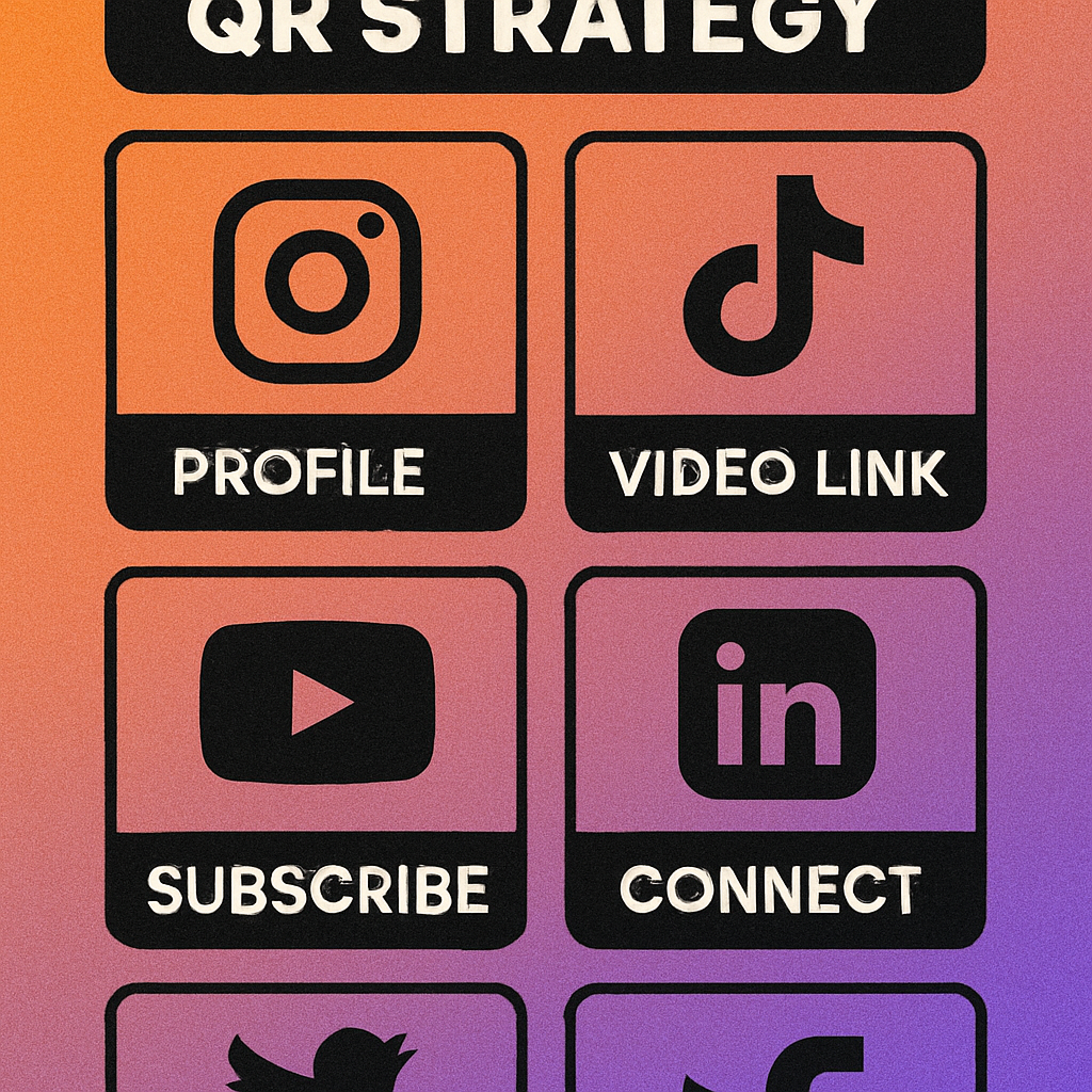Four platform cards for Instagram, TikTok, YouTube, and LinkedIn showing QR code strategy icons and key metrics