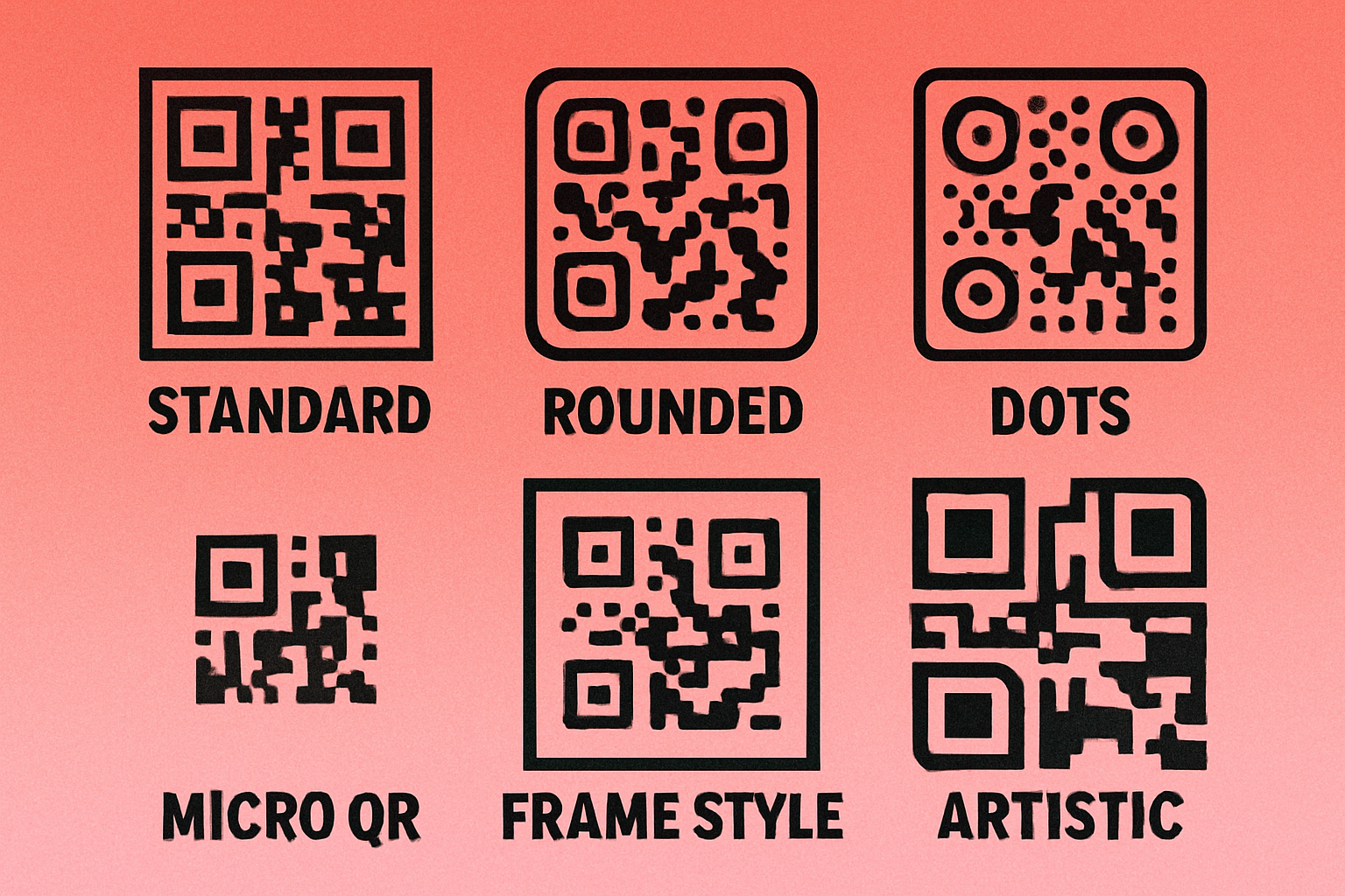 Six QR code style cards showing standard, rounded, dots, micro, frame, and artistic styles