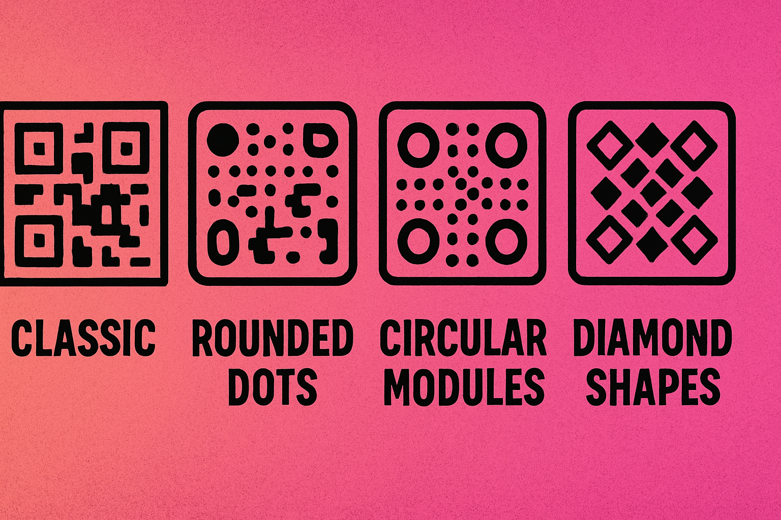 Four QR code style variations: classic squares, rounded dots, circular modules, and diamond shapes