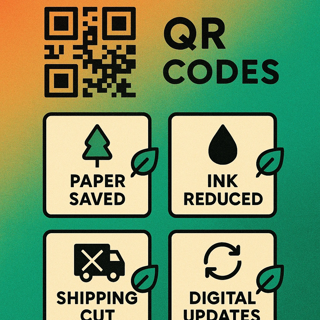 Bar chart comparing annual paper usage with and without QR codes across restaurant menus, retail receipts, and product inserts