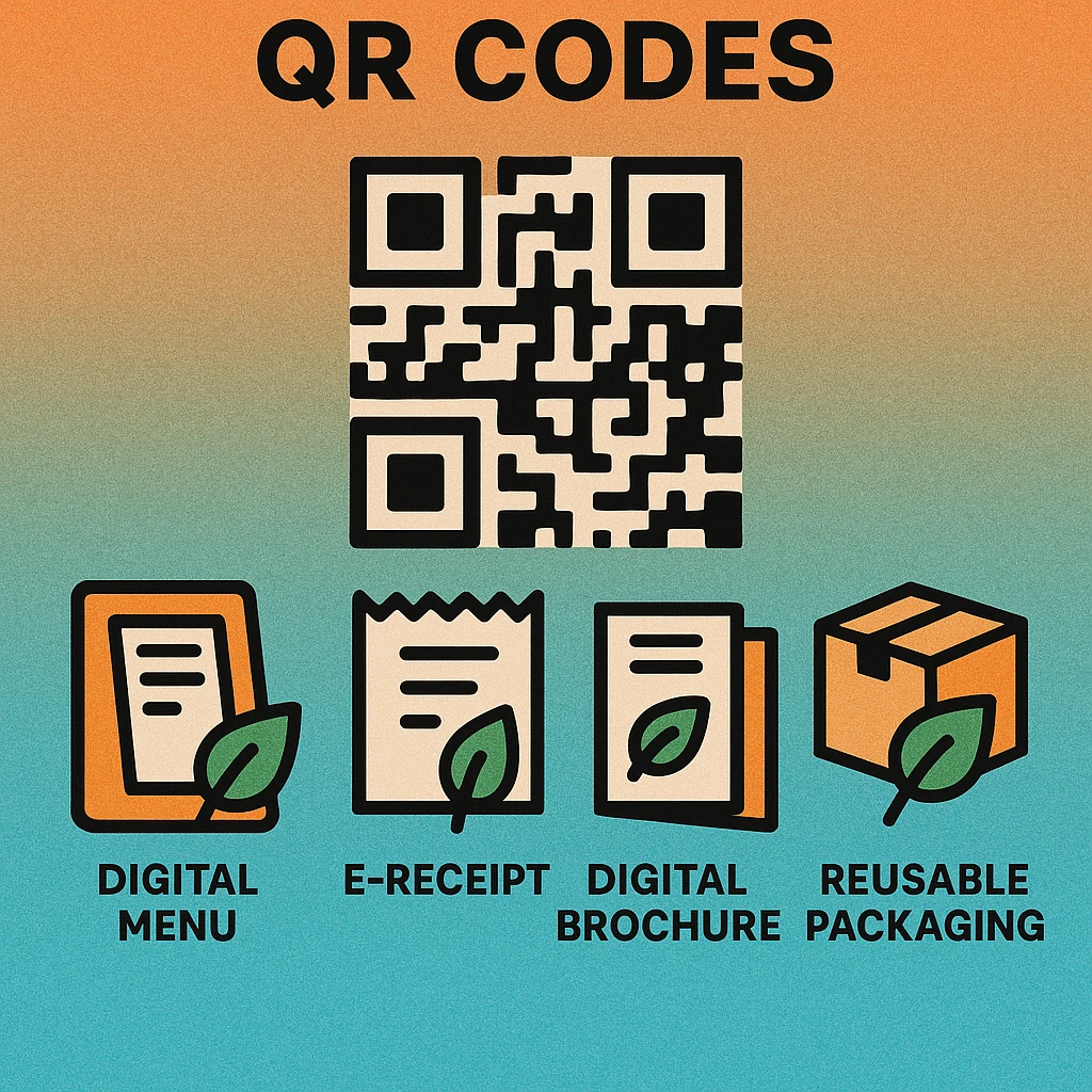 Infographic showing four sustainable QR code use cases: digital menus, e-receipts, smart packaging labels, and dynamic campaign links