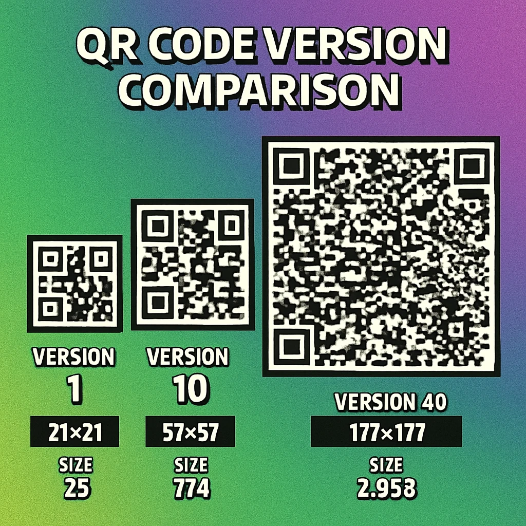 Visual comparison of QR code versions 1, 5, 10, 20, and 40 showing increasing grid density