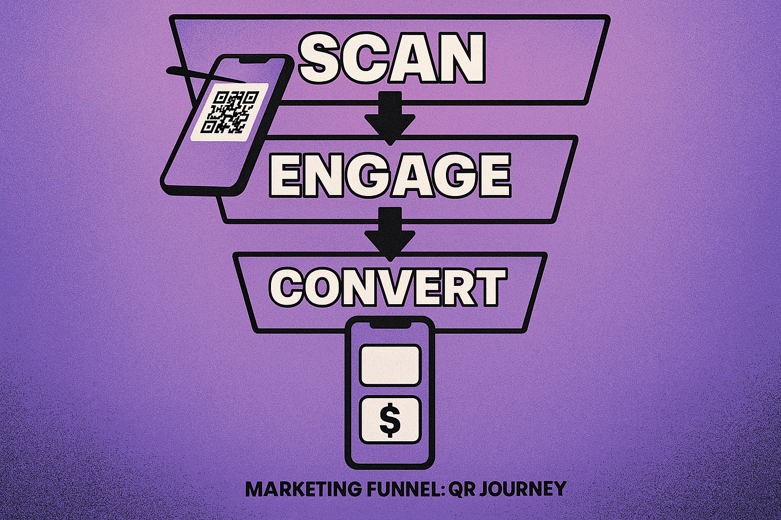 Funnel diagram showing how QR codes move customers from physical touchpoint to digital engagement to measurable conversion