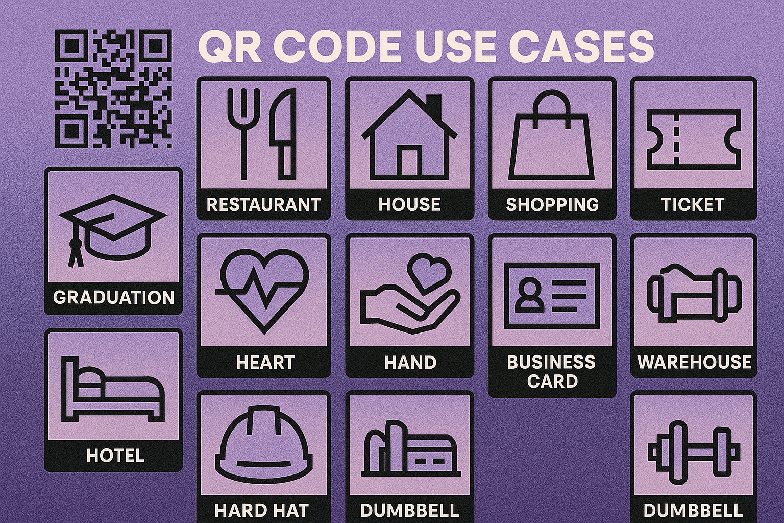 Illustration showing QR codes used across multiple industries including restaurants, healthcare, retail, events, and real estate
