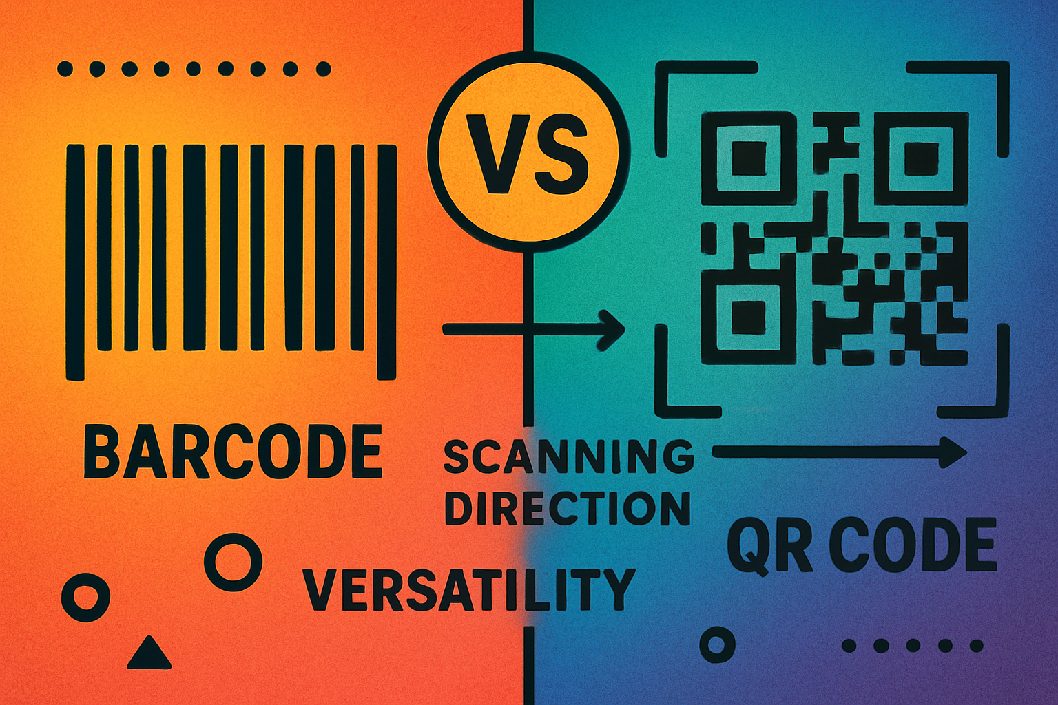 Side-by-side visual comparison of a traditional 1D barcode and a 2D QR code showing their structural differences