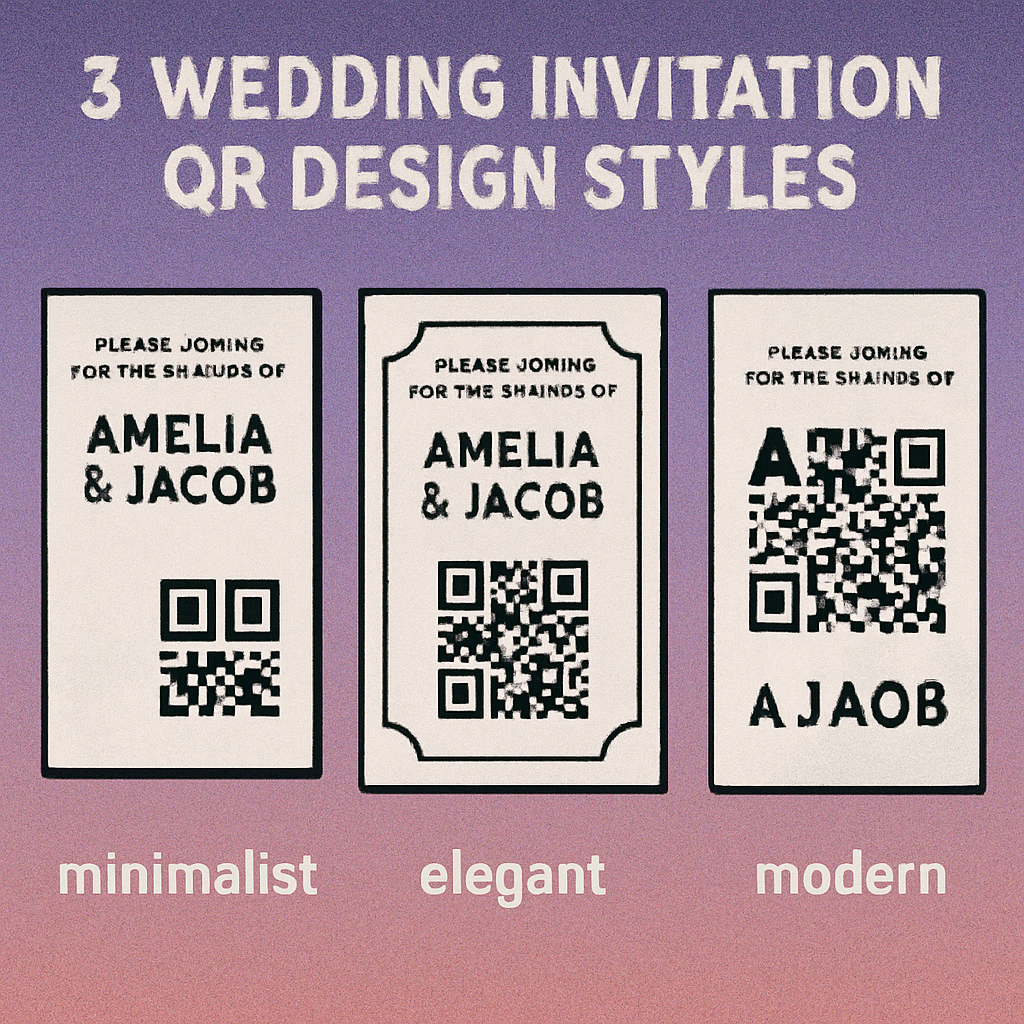 Three wedding QR code design styles on invitation card stock: minimalist black on cream, elegant gold on white, and modern dusty rose on ivory