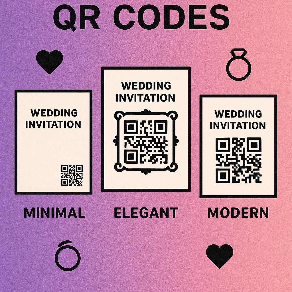 Three wedding QR code design styles on invitation card stock: minimalist black on cream, elegant gold on white, and modern dusty rose on ivory