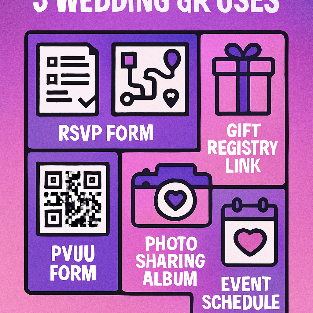 Four wedding invitation QR code use cases shown side by side: RSVP form, venue map, gift registry, and photo album