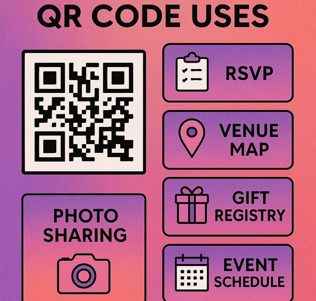 Four wedding invitation QR code use cases shown side by side: RSVP form, venue map, gift registry, and photo album