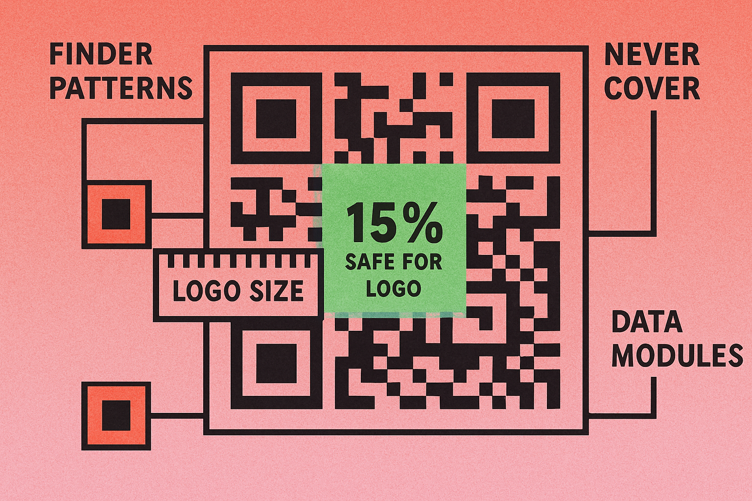 Diagram showing QR code logo safe zone in center with finder patterns marked