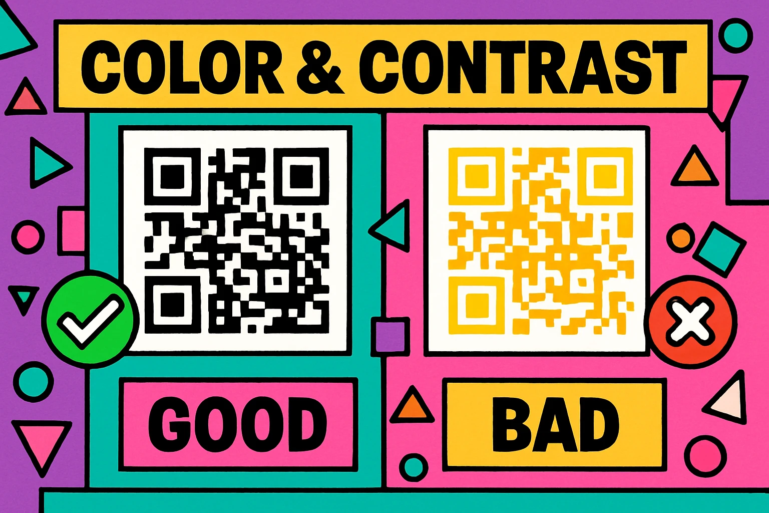 Side-by-side comparison showing good QR code color combinations with dark on light backgrounds versus bad combinations with insufficient contrast
