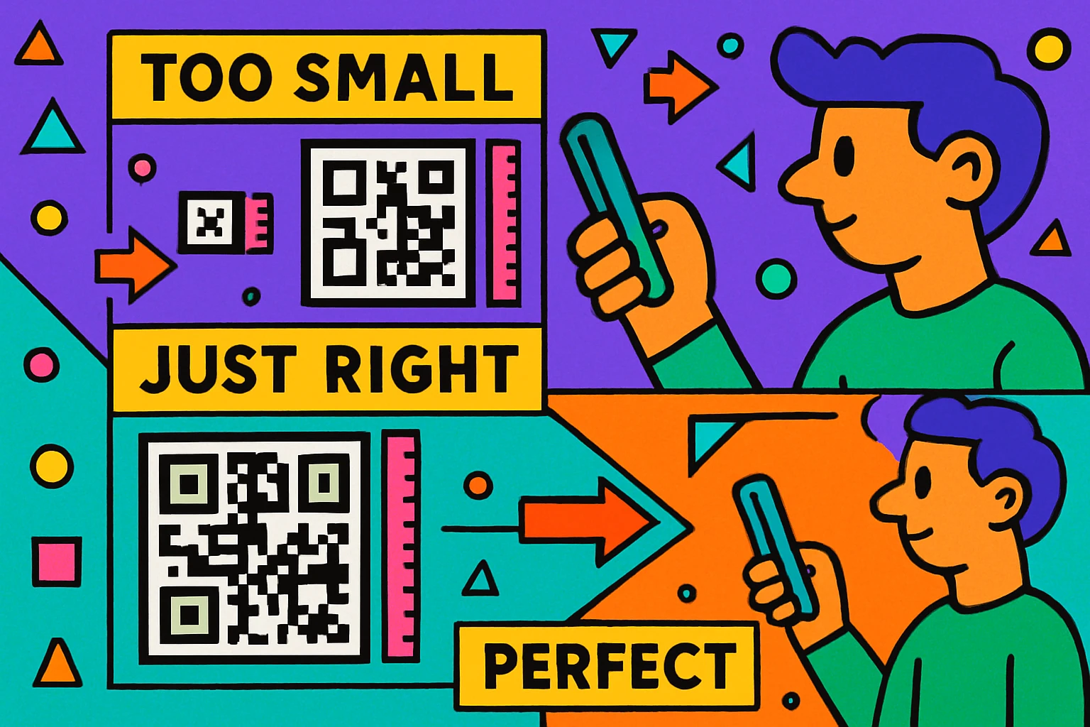 Comparison of QR code sizes showing too small, correct, and ideal dimensions with scanning distance measurements for each