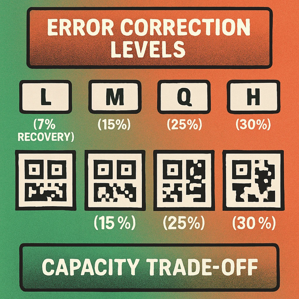 Comparison of the four QR code error correction levels L, M, Q, and H showing recovery capacity and data trade-offs