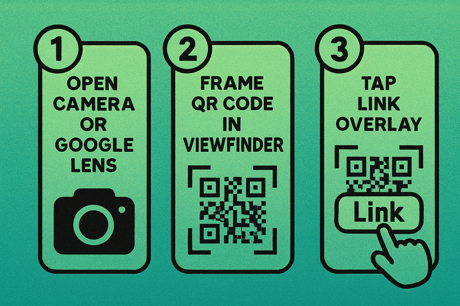 3-step guide to scanning QR codes on Android: open Camera or Google Lens, frame code, tap link