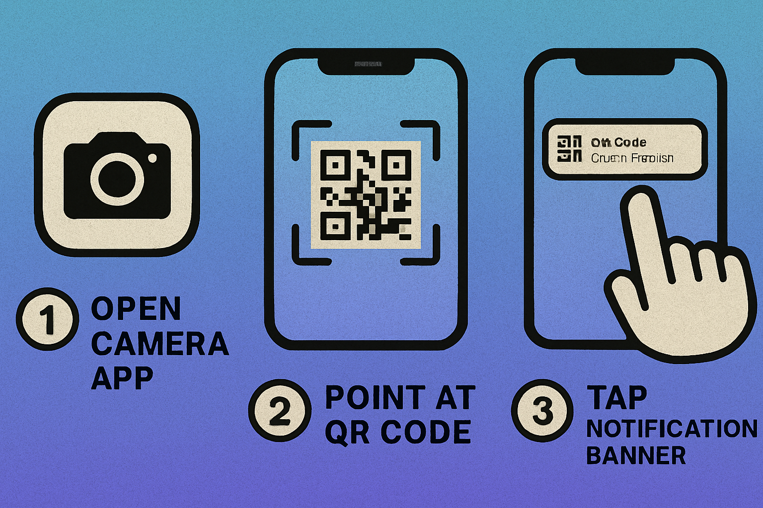 3-step guide to scanning QR codes on iPhone: open Camera, point at code, tap notification